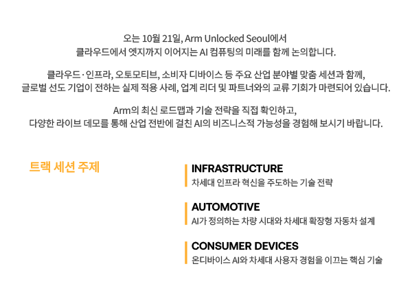 오는 10월 21일, Arm Unlocked Seoul에서, 클라우드에서 엣지까지 이어지는 AI 컴퓨팅의 미래를 함께 논의합니다. 클라우드·인프라, 오토모티브, 소비자 디바이스 등 주요 사업 분야별 맞춤 세션과 함께, 글로벌 선도 기업이 전하는 실제 적용 사례, 업계 리더 및 파트너와의 교류 기회가 마련되어 있습니다. Arm의 최신 로드맵과 기술 전략을 직접 확인하고, 다양한 라이브 데모를 통해 산업 전반에 걸친 AI의 비즈니스적 가능성을 경험해보시기 바랍니다.